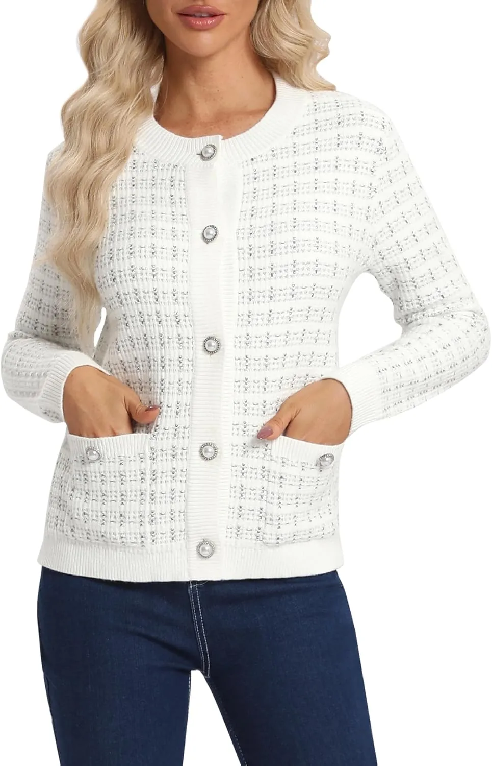 Urban CoCo Women's Open Front Button Down Knit Cropped Cardigan Casual Long Sleeve Sweater Jacket