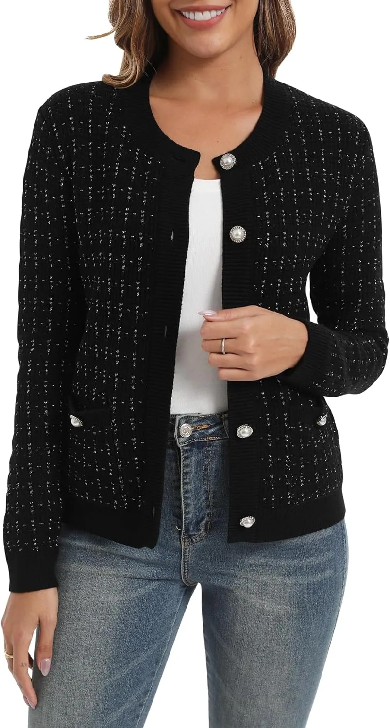 Urban CoCo Women's Open Front Button Down Knit Cropped Cardigan Casual Long Sleeve Sweater Jacket