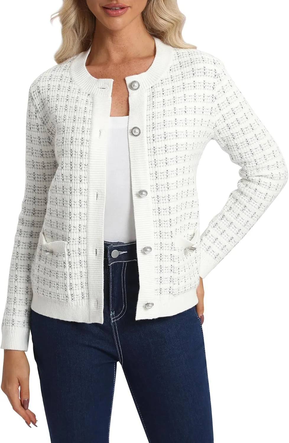 Urban CoCo Women's Open Front Button Down Knit Cropped Cardigan Casual Long Sleeve Sweater Jacket