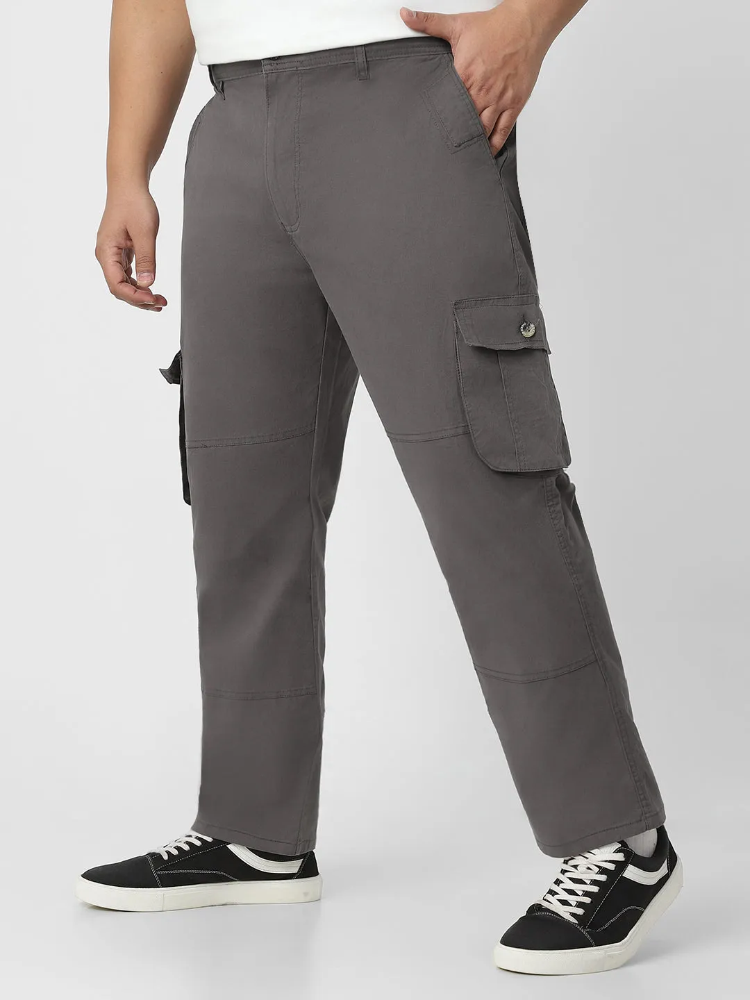 Urbano Plus Men's Dark Grey Regular Fit Solid Cargo Chino Pant with 6 Pockets