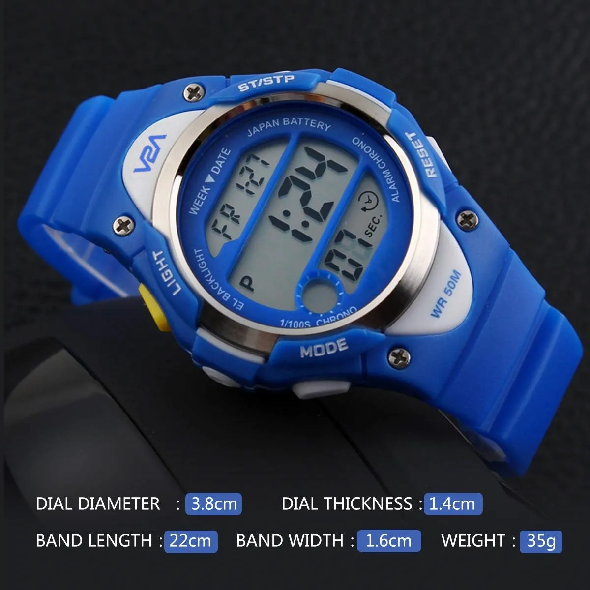 V2A Kids Blue LED Backlight Stainless Steel Case Waterproof Digital Sports Casual Watch For Boys And Girls
