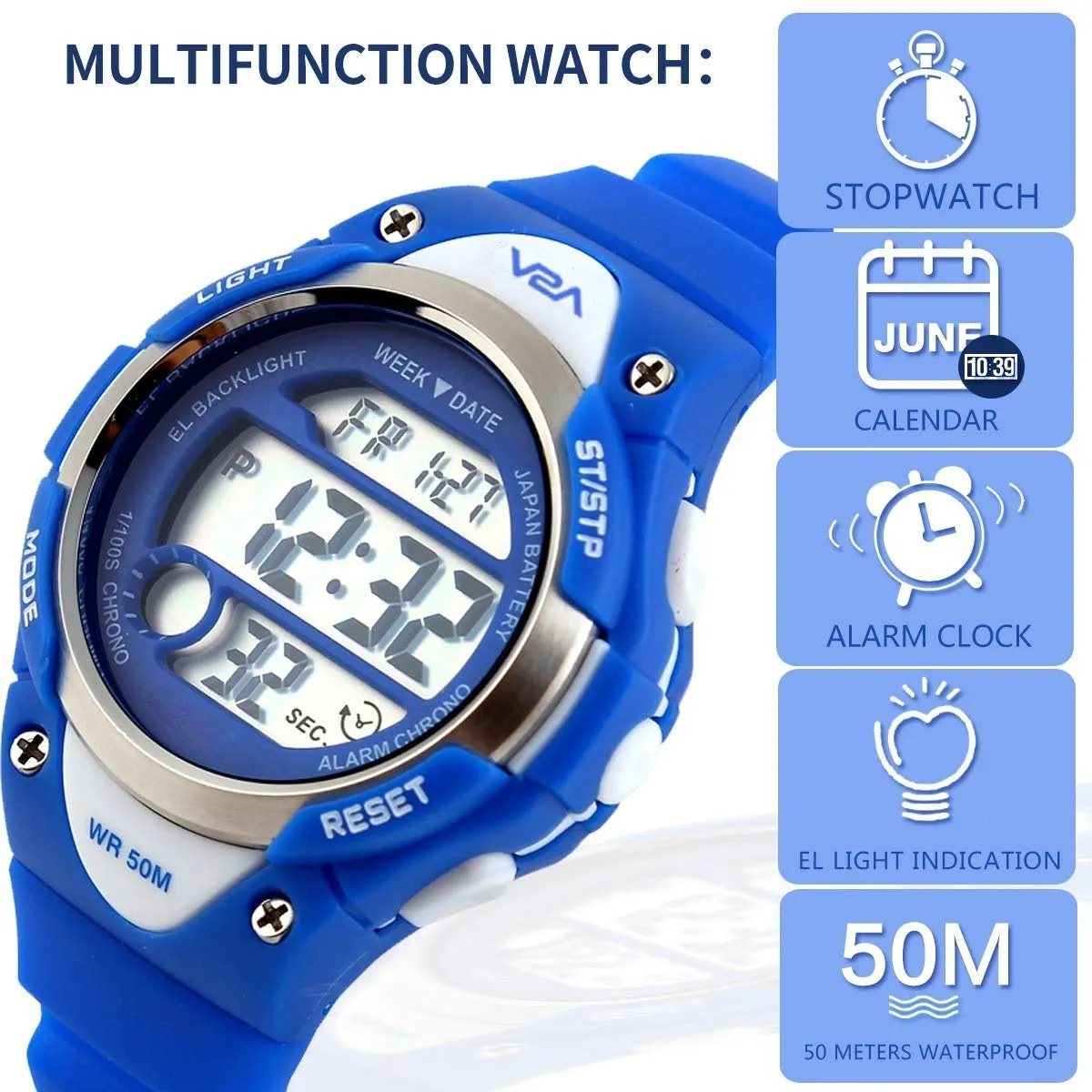 V2A Kids Blue LED Backlight Stainless Steel Case Waterproof Digital Sports Casual Watch For Boys And Girls