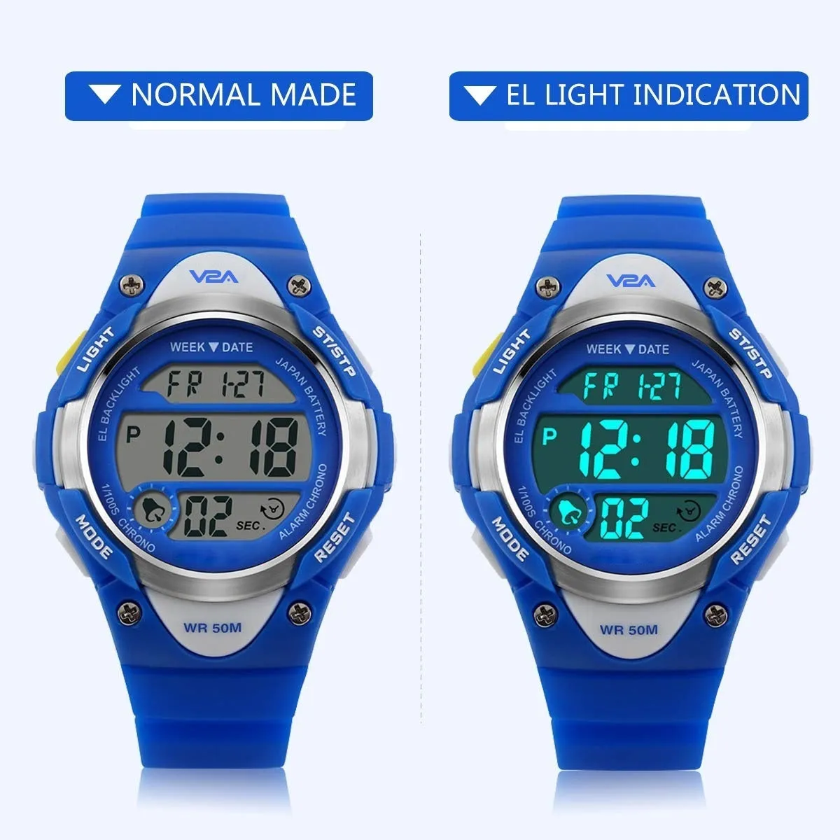 V2A Kids Blue LED Backlight Stainless Steel Case Waterproof Digital Sports Casual Watch For Boys And Girls