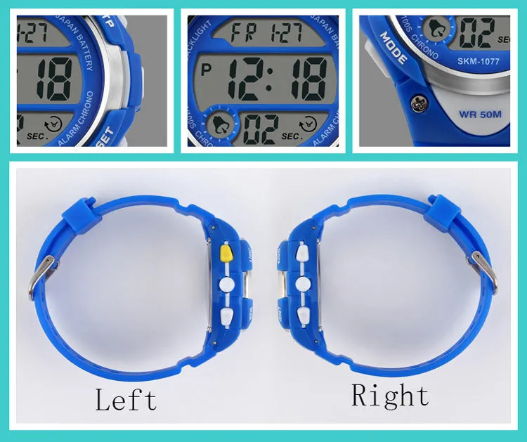 V2A Kids Blue LED Backlight Stainless Steel Case Waterproof Digital Sports Casual Watch For Boys And Girls