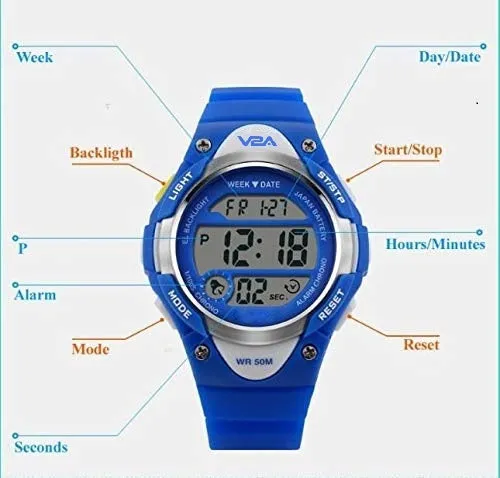 V2A Kids Blue LED Backlight Stainless Steel Case Waterproof Digital Sports Casual Watch For Boys And Girls