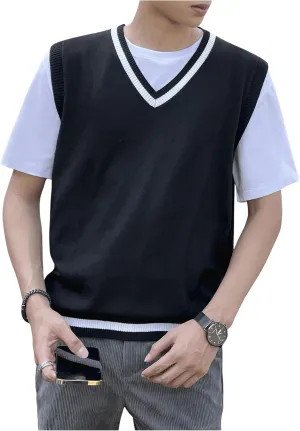 Verdusa Men's Sweater Vest V Neck Preppy Sleeveless Fall Outfits Pullover Knit Top