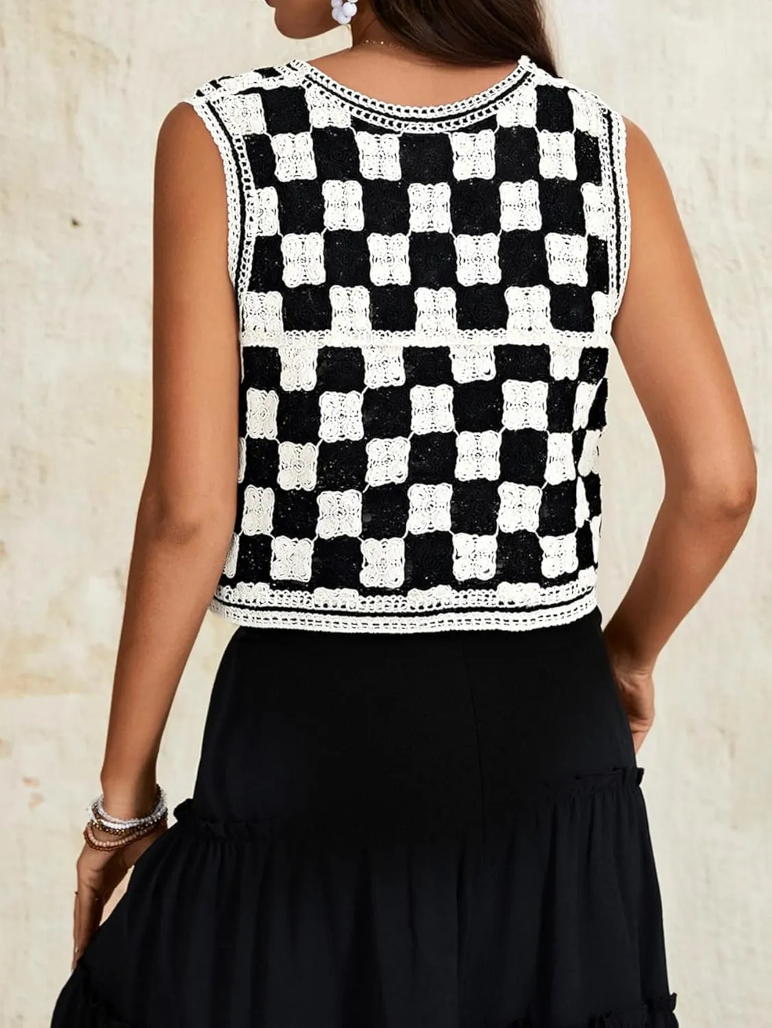 Verdusa Women's Button Front V Neck Sleeveless Crochet Plaid Checkered Knit Sweater Vest