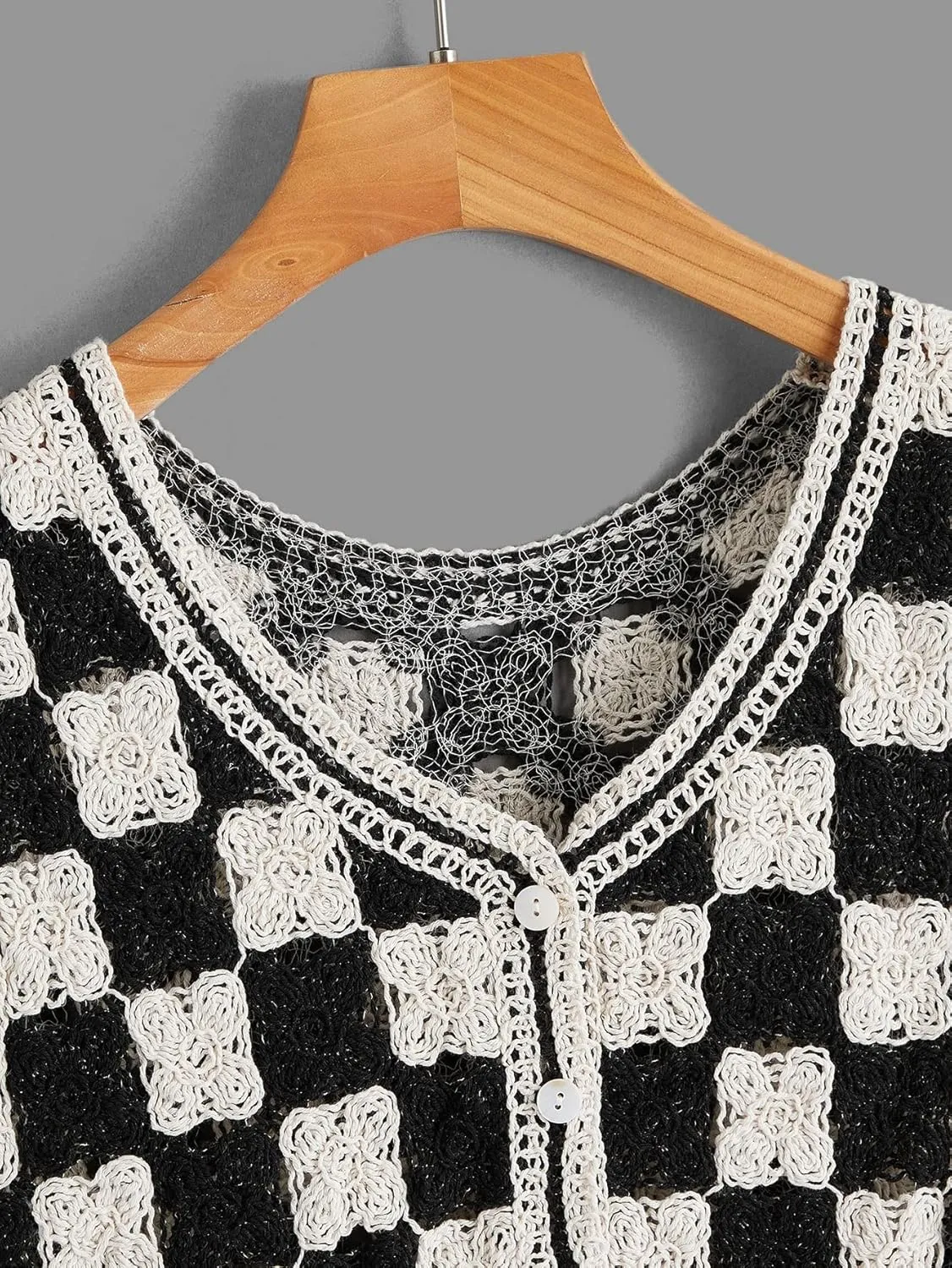 Verdusa Women's Button Front V Neck Sleeveless Crochet Plaid Checkered Knit Sweater Vest