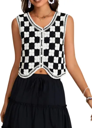 Verdusa Women's Button Front V Neck Sleeveless Crochet Plaid Checkered Knit Sweater Vest