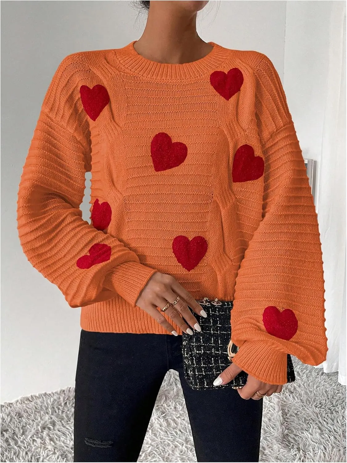 Verdusa Women's Heart Print Drop Shoulder Crew Neck Long Sleeve Graphic Print Sweater Knit Tops