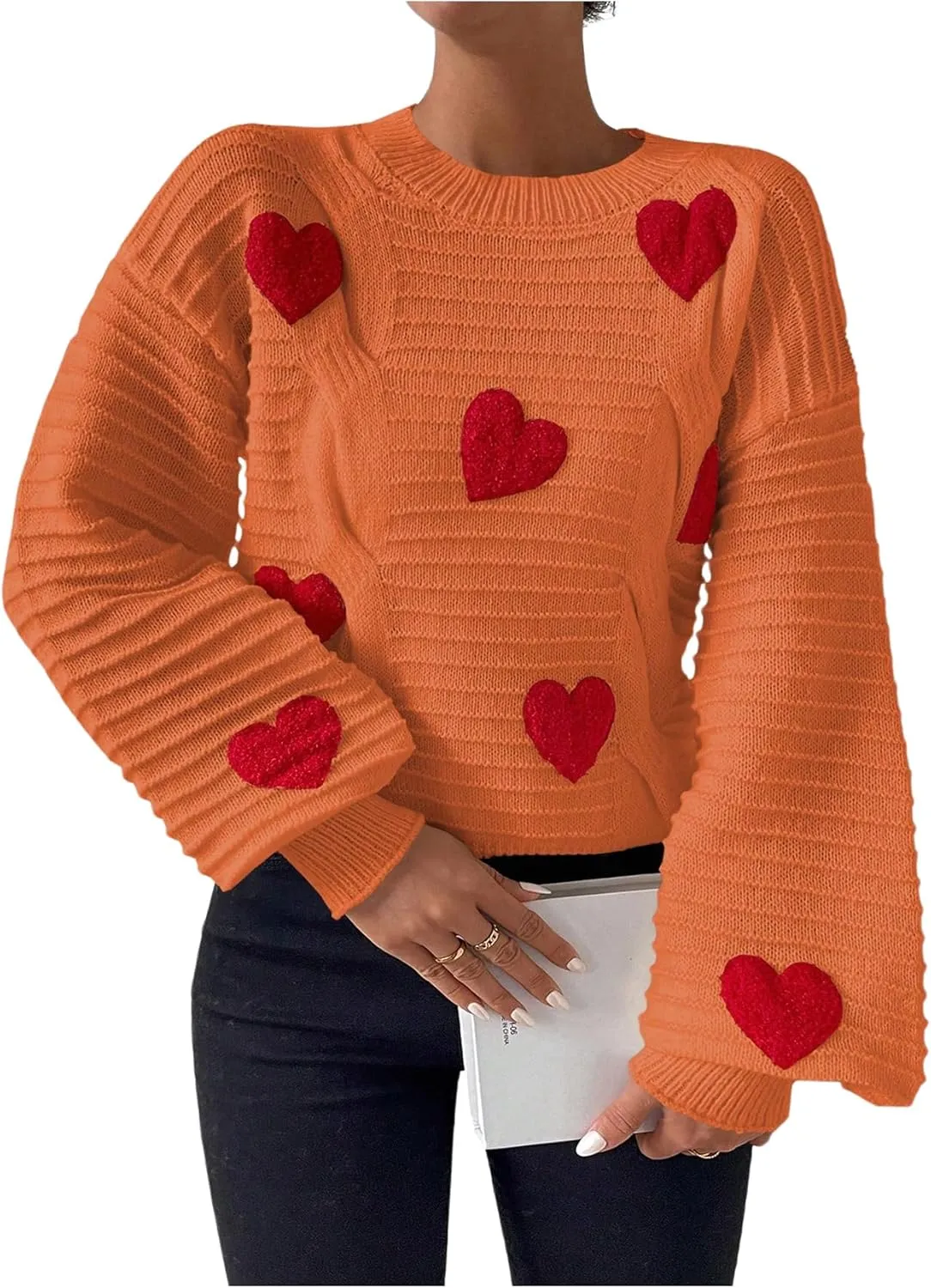 Verdusa Women's Heart Print Drop Shoulder Crew Neck Long Sleeve Graphic Print Sweater Knit Tops
