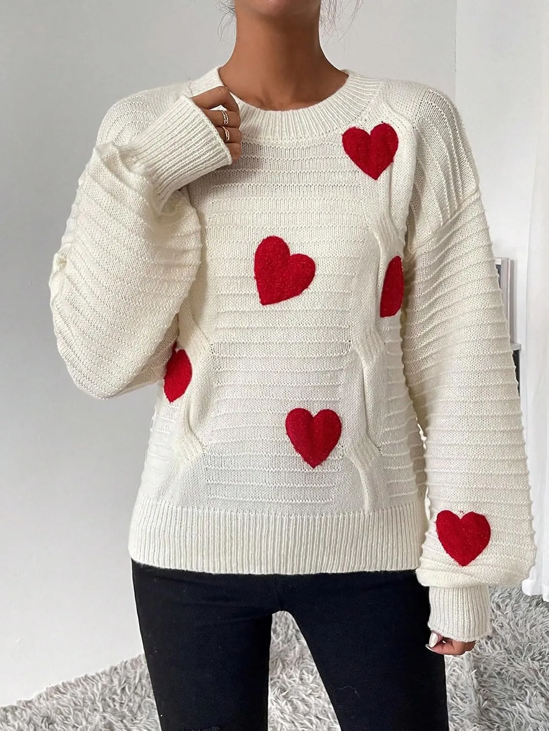 Verdusa Women's Heart Print Drop Shoulder Crew Neck Long Sleeve Graphic Print Sweater Knit Tops