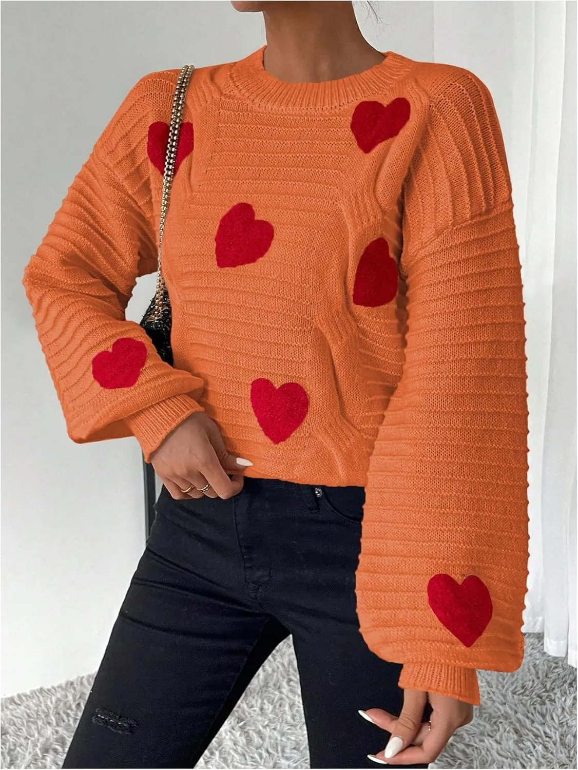 Verdusa Women's Heart Print Drop Shoulder Crew Neck Long Sleeve Graphic Print Sweater Knit Tops