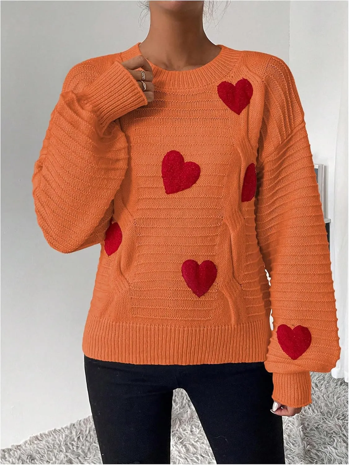 Verdusa Women's Heart Print Drop Shoulder Crew Neck Long Sleeve Graphic Print Sweater Knit Tops