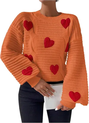 Verdusa Women's Heart Print Drop Shoulder Crew Neck Long Sleeve Graphic Print Sweater Knit Tops