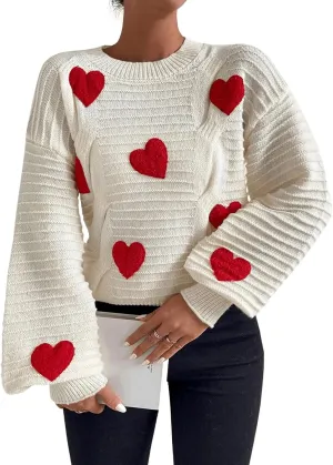Verdusa Women's Heart Print Drop Shoulder Crew Neck Long Sleeve Graphic Print Sweater Knit Tops