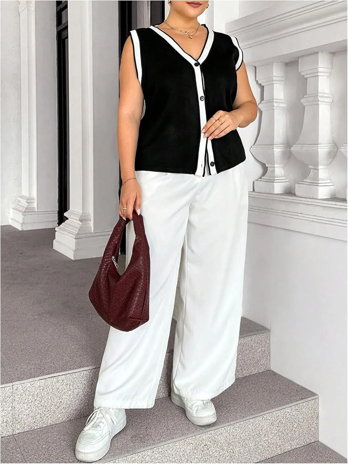 Verdusa Women's Plus Size Button Down Color Block Sweater Vest Knitted V Neck Cardigans Tops