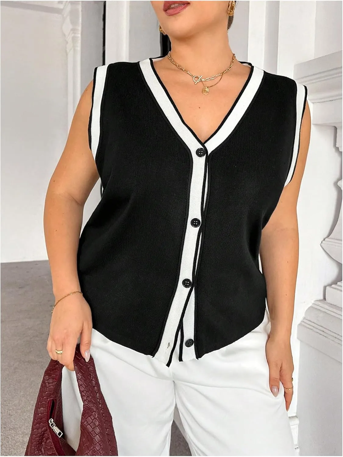 Verdusa Women's Plus Size Button Down Color Block Sweater Vest Knitted V Neck Cardigans Tops