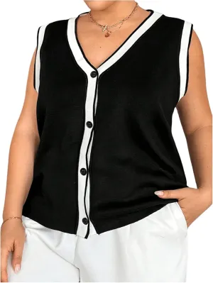 Verdusa Women's Plus Size Button Down Color Block Sweater Vest Knitted V Neck Cardigans Tops