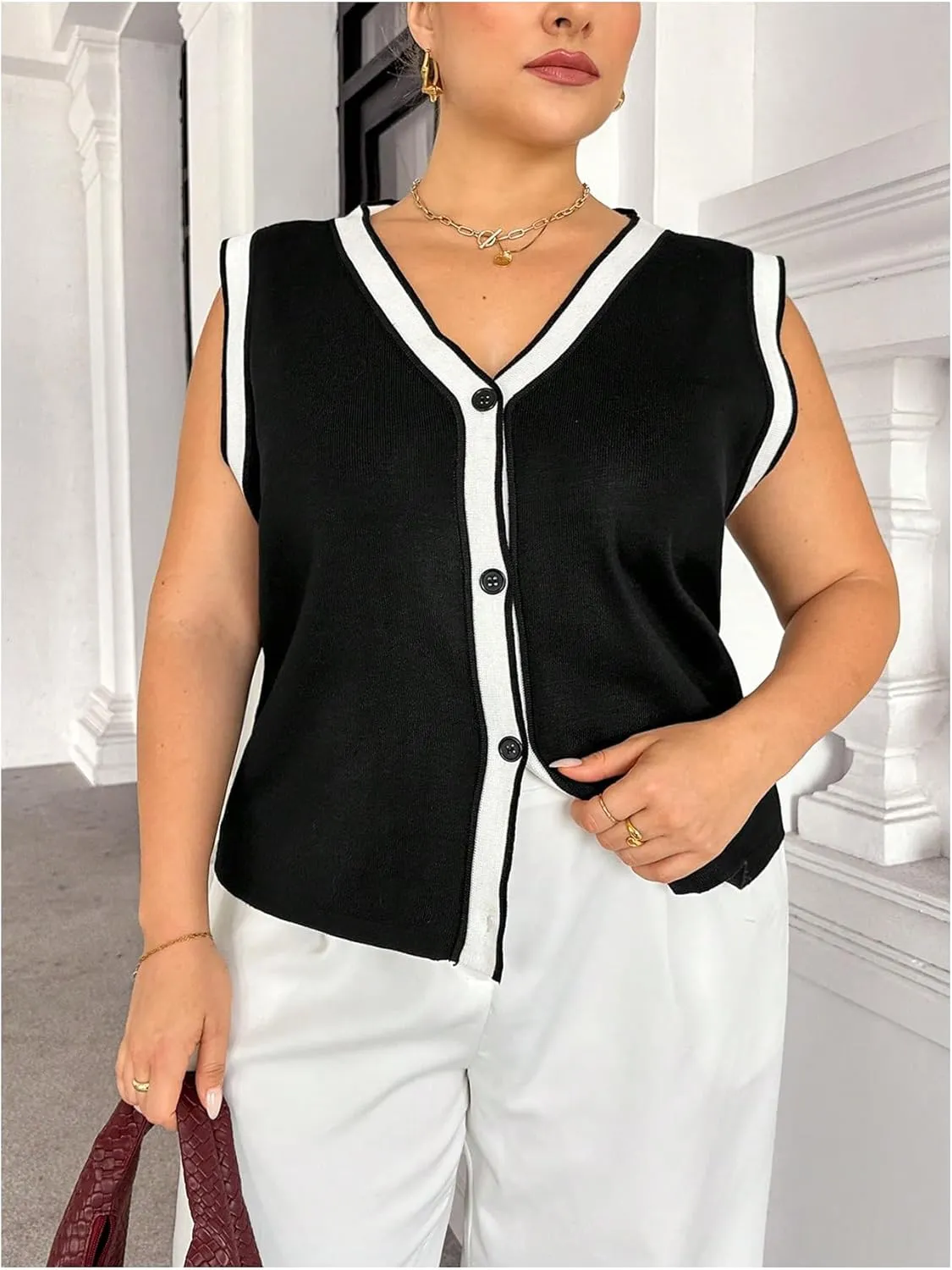 Verdusa Women's Plus Size Button Down Color Block Sweater Vest Knitted V Neck Cardigans Tops