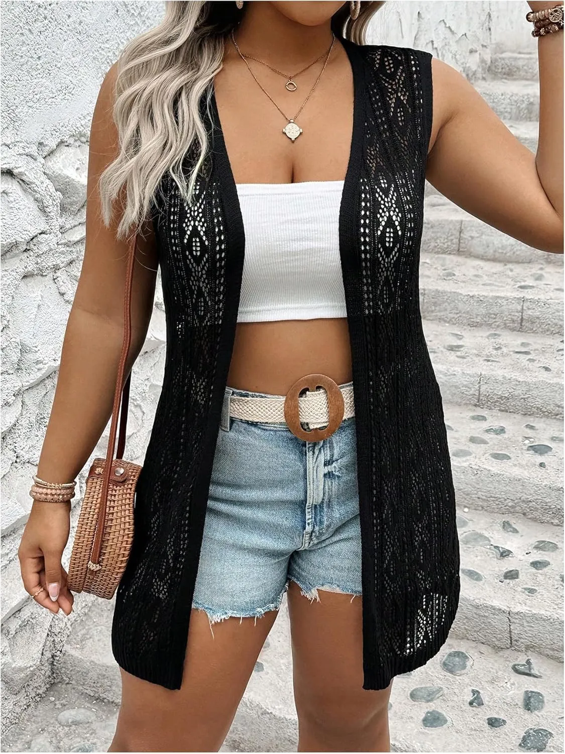 Verdusa Women's Plus Size Hollow Sleeveless Knit Cardigan Summer Midi Beach Vest