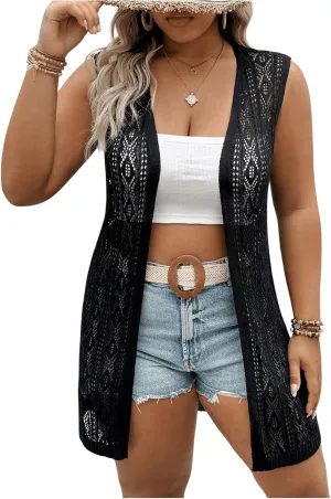 Verdusa Women's Plus Size Hollow Sleeveless Knit Cardigan Summer Midi Beach Vest