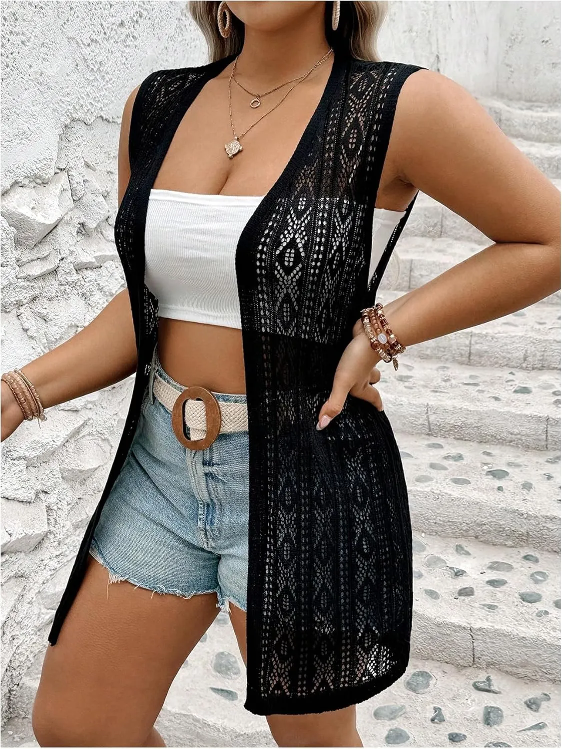 Verdusa Women's Plus Size Hollow Sleeveless Knit Cardigan Summer Midi Beach Vest