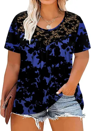 VISLILY Women's-Plus-Size-Tops Summer Lace Tee Shirts Short Sleeve Tunics Flowy Pleated Blouses XL-4XL