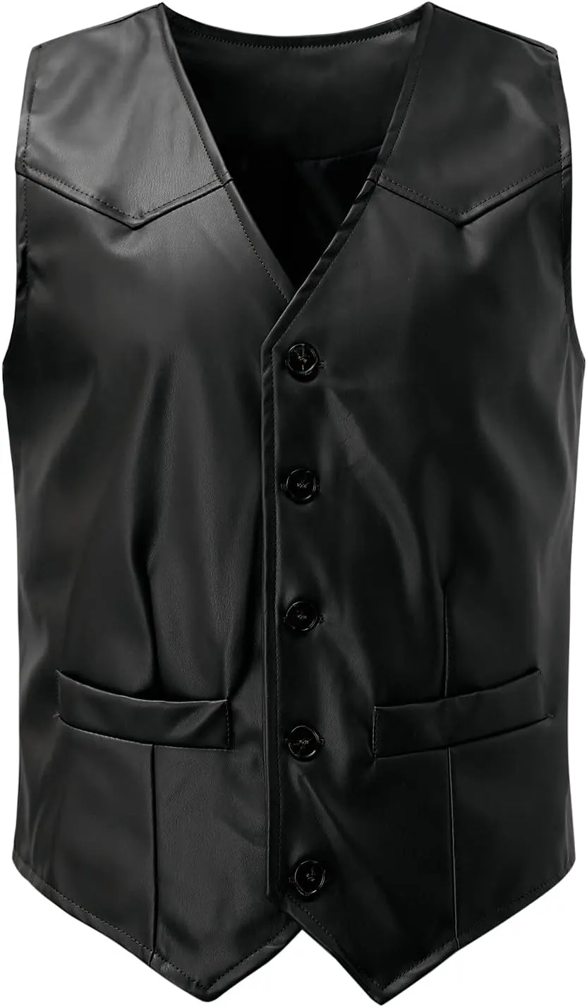 WABEOR Men's Vintage Faux Leather Vest Slim Fit Casual Single-Breasted Cowboy Suit Vest Retro Western Waistcoat with Pockets