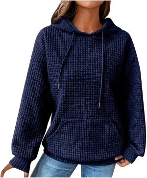 Waffle Knit Hoodie Women Oversized Drawstring Hooded Sweatshirts Y2K Waffle Pullover Loose Fit Casual Cute Clothes