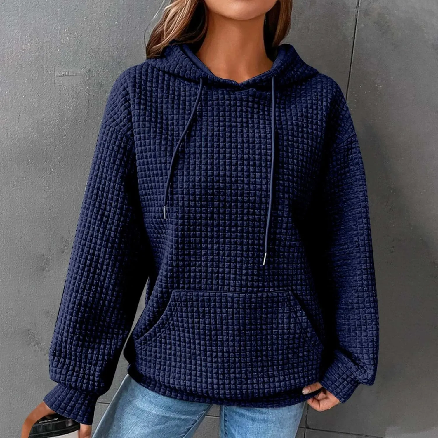 Waffle Knit Hoodie Women Oversized Drawstring Hooded Sweatshirts Y2K Waffle Pullover Loose Fit Casual Cute Clothes