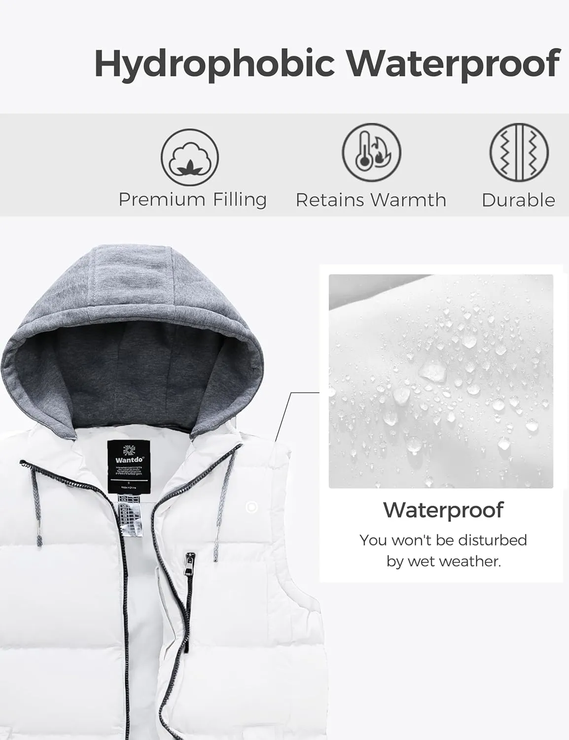 wantdo Men's Quilted Winter Vest Thicken Sleeveless Jacket with Detachable Hood