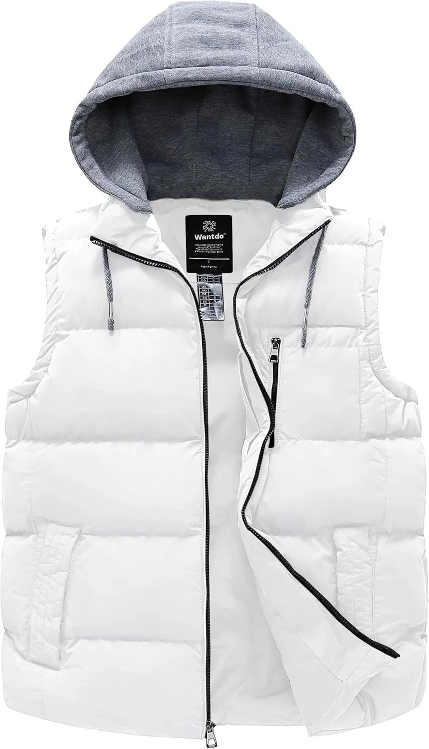 wantdo Men's Quilted Winter Vest Thicken Sleeveless Jacket with Detachable Hood
