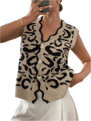WDIRARA Women's Leopard Print Button Down Sweater Vest V Neck Sleeveless Cardigan Scallop Trim Knit Tops