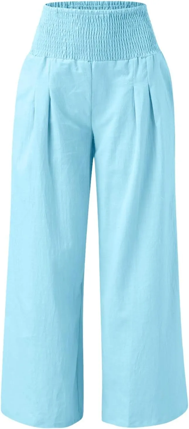Wide Leg Linen Pants for Women Elastic High Waisted Palazzo Pants Casual Beach Trousers with Pockets Summer Pants