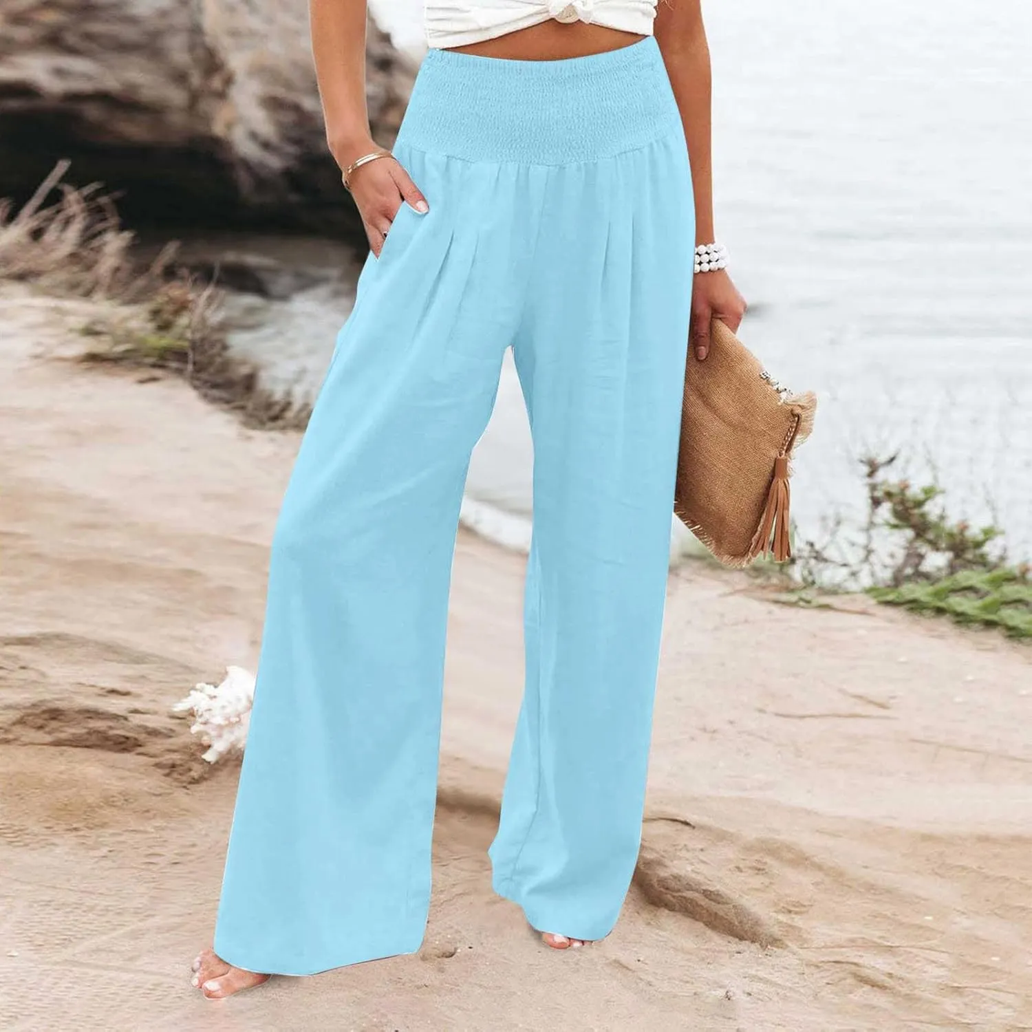 Wide Leg Linen Pants for Women Elastic High Waisted Palazzo Pants Casual Beach Trousers with Pockets Summer Pants
