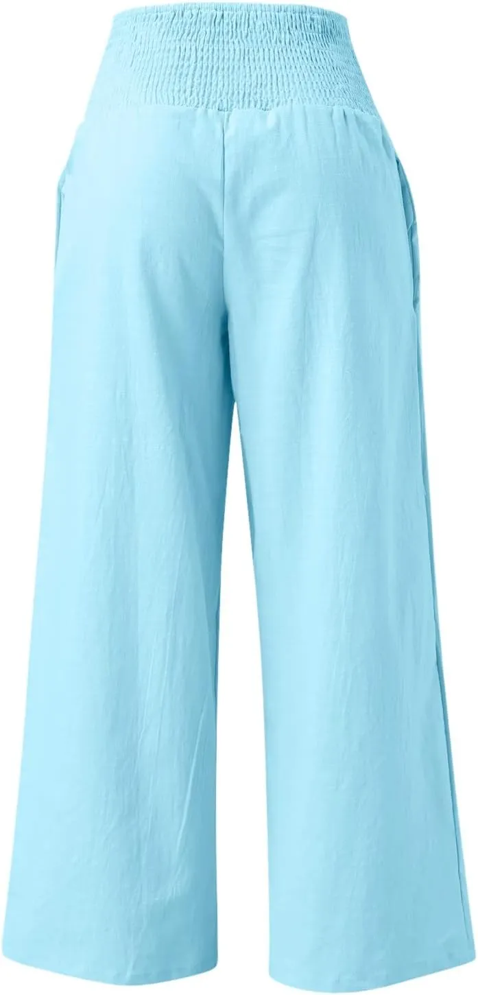 Wide Leg Linen Pants for Women Elastic High Waisted Palazzo Pants Casual Beach Trousers with Pockets Summer Pants