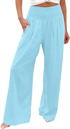 Wide Leg Linen Pants for Women Elastic High Waisted Palazzo Pants Casual Beach Trousers with Pockets Summer Pants