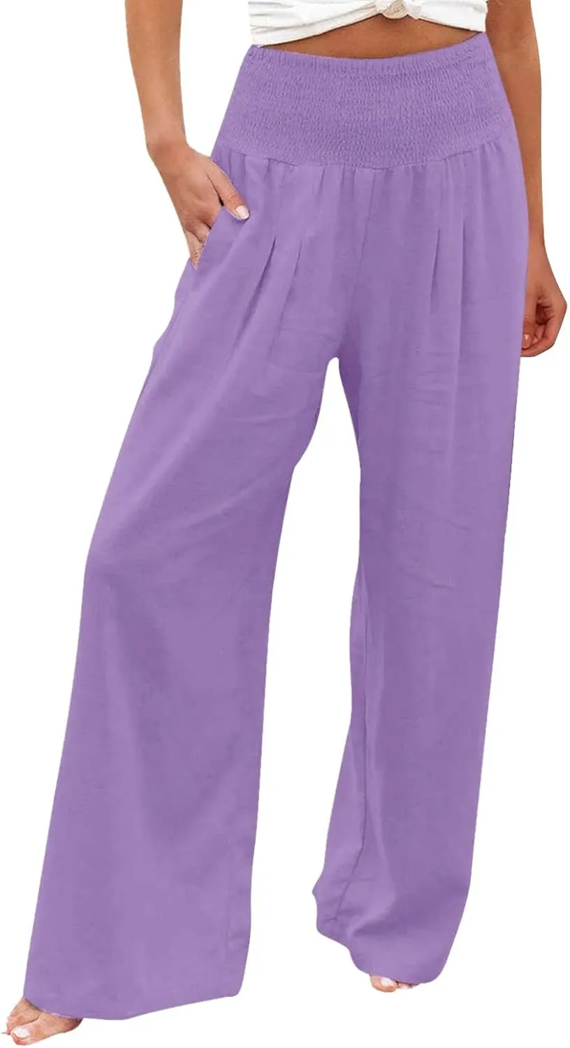 Wide Leg Linen Pants for Women High Waist Flowy Summer Beach Drawstring Pant Beach Vacation Trousers with Pockets