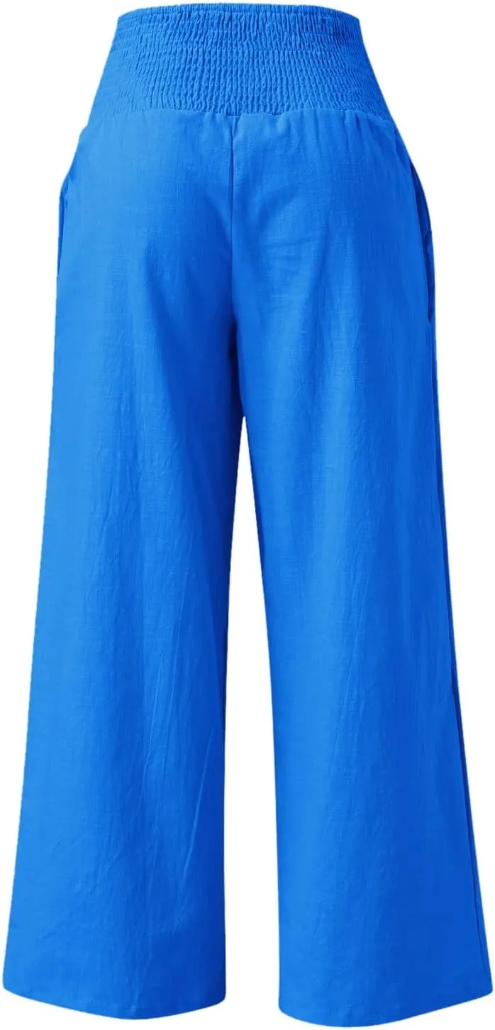 Wide Leg Linen Pants for Women High Waist Flowy Summer Beach Drawstring Pant Beach Vacation Trousers with Pockets