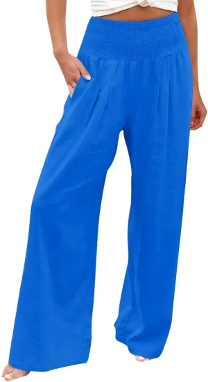 Wide Leg Linen Pants for Women High Waist Flowy Summer Beach Drawstring Pant Beach Vacation Trousers with Pockets