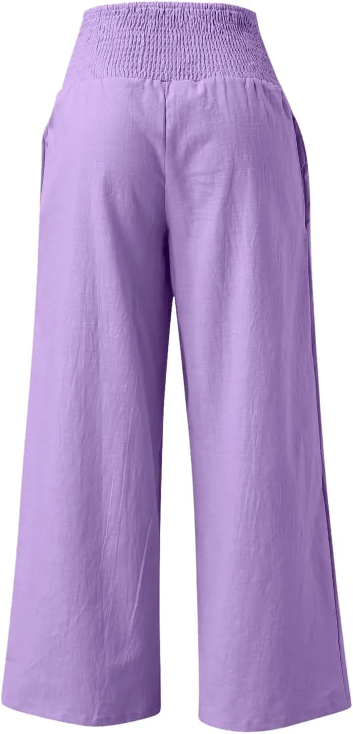 Wide Leg Linen Pants for Women High Waist Flowy Summer Beach Drawstring Pant Beach Vacation Trousers with Pockets