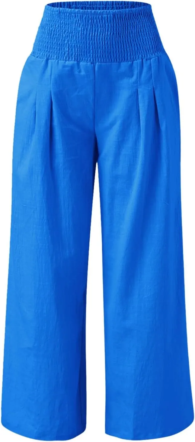 Wide Leg Linen Pants for Women High Waist Flowy Summer Beach Drawstring Pant Beach Vacation Trousers with Pockets