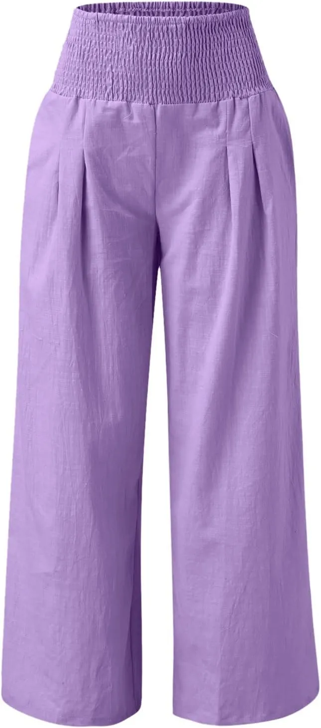 Wide Leg Linen Pants for Women High Waist Flowy Summer Beach Drawstring Pant Beach Vacation Trousers with Pockets