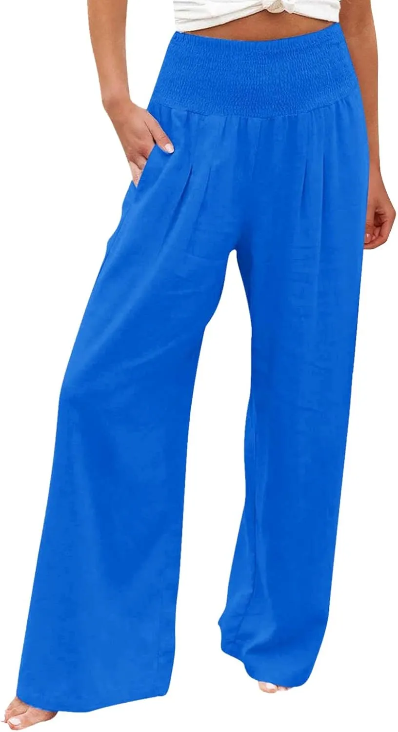 Wide Leg Linen Pants for Women High Waist Flowy Summer Beach Drawstring Pant Beach Vacation Trousers with Pockets