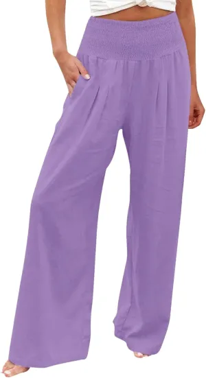 Wide Leg Linen Pants for Women High Waist Flowy Summer Beach Drawstring Pant Beach Vacation Trousers with Pockets