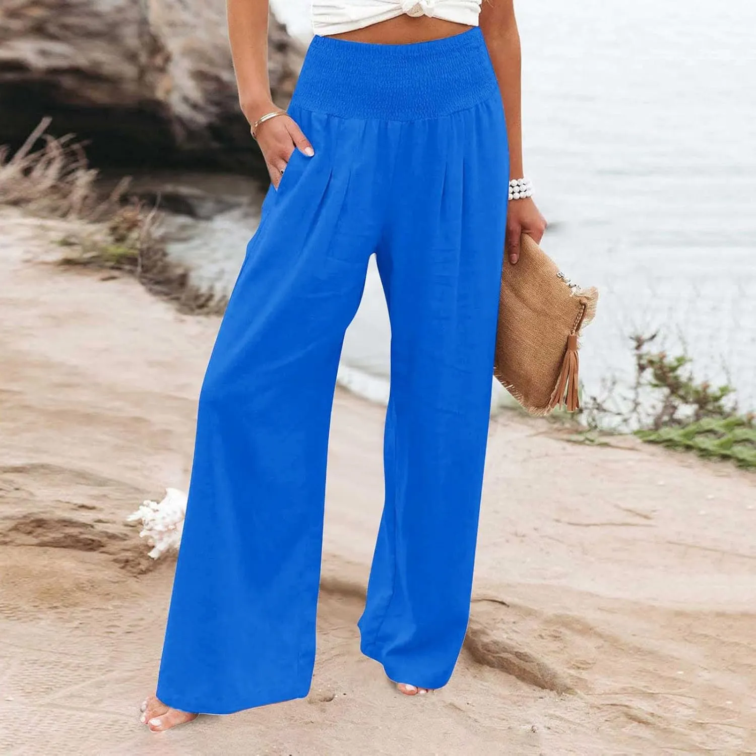 Wide Leg Linen Pants for Women High Waist Flowy Summer Beach Drawstring Pant Beach Vacation Trousers with Pockets