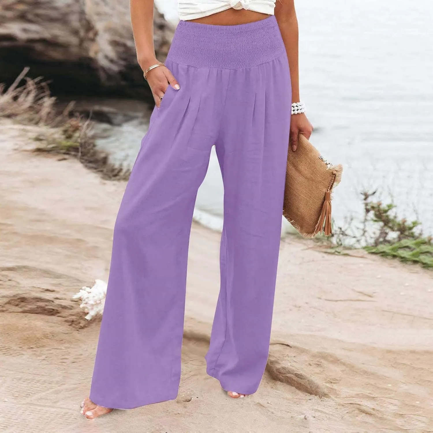 Wide Leg Linen Pants for Women High Waist Flowy Summer Beach Drawstring Pant Beach Vacation Trousers with Pockets