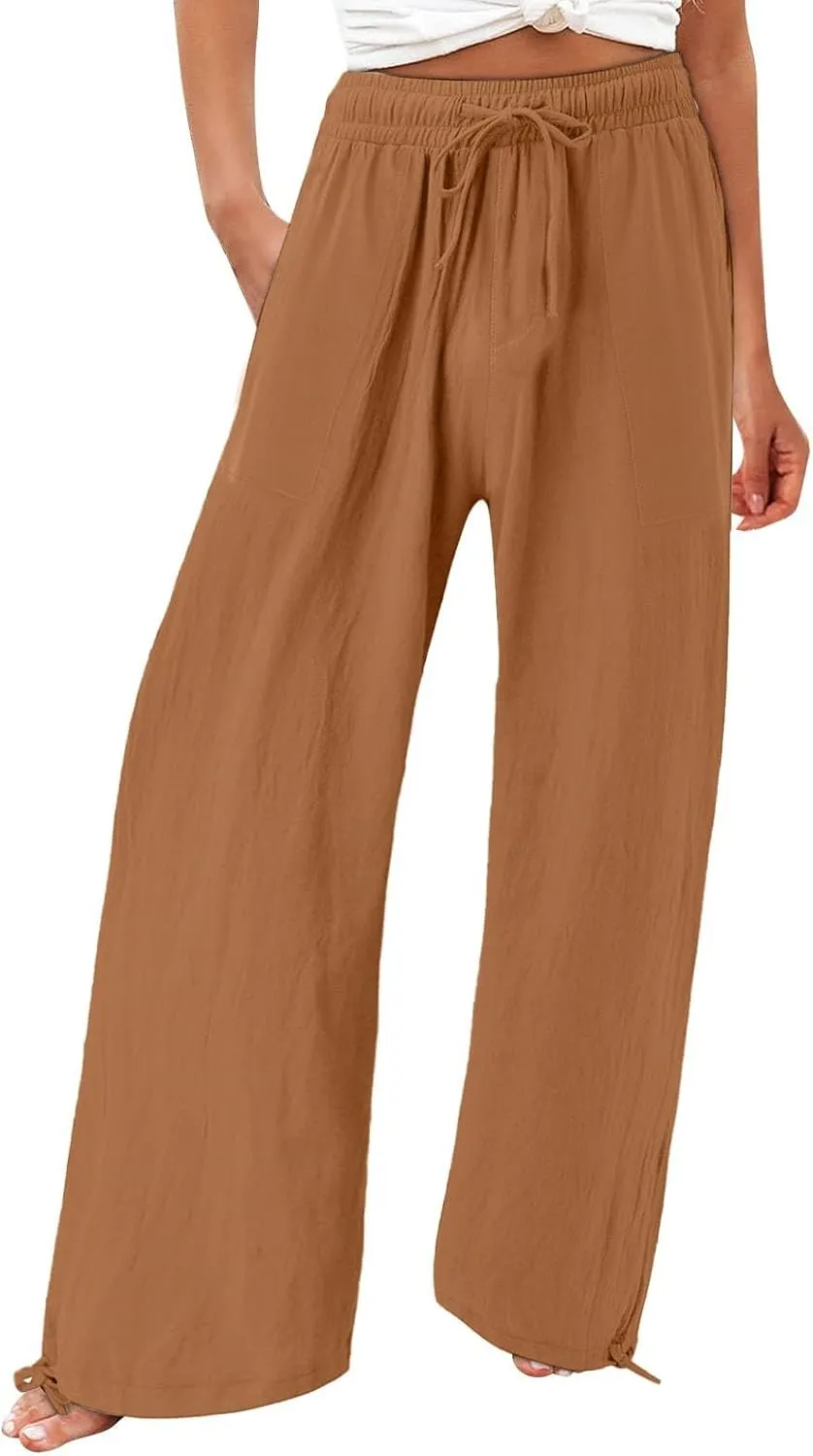 Wide Leg Linen Pants for Women Summer Palazzo Flowy Pants Casual Loose High Waist Beach Trousers with Pockets