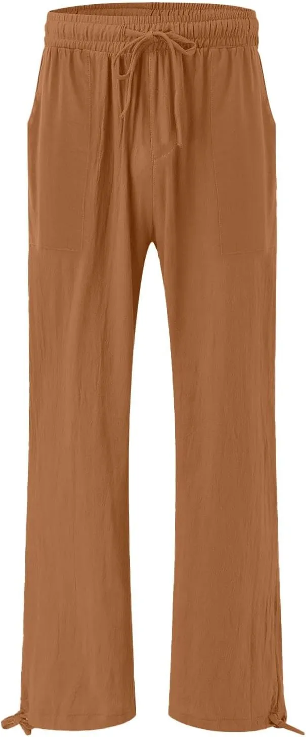 Wide Leg Linen Pants for Women Summer Palazzo Flowy Pants Casual Loose High Waist Beach Trousers with Pockets